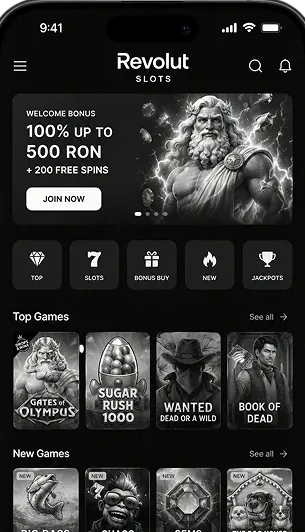 Revolut Slots app lobby na telefonu